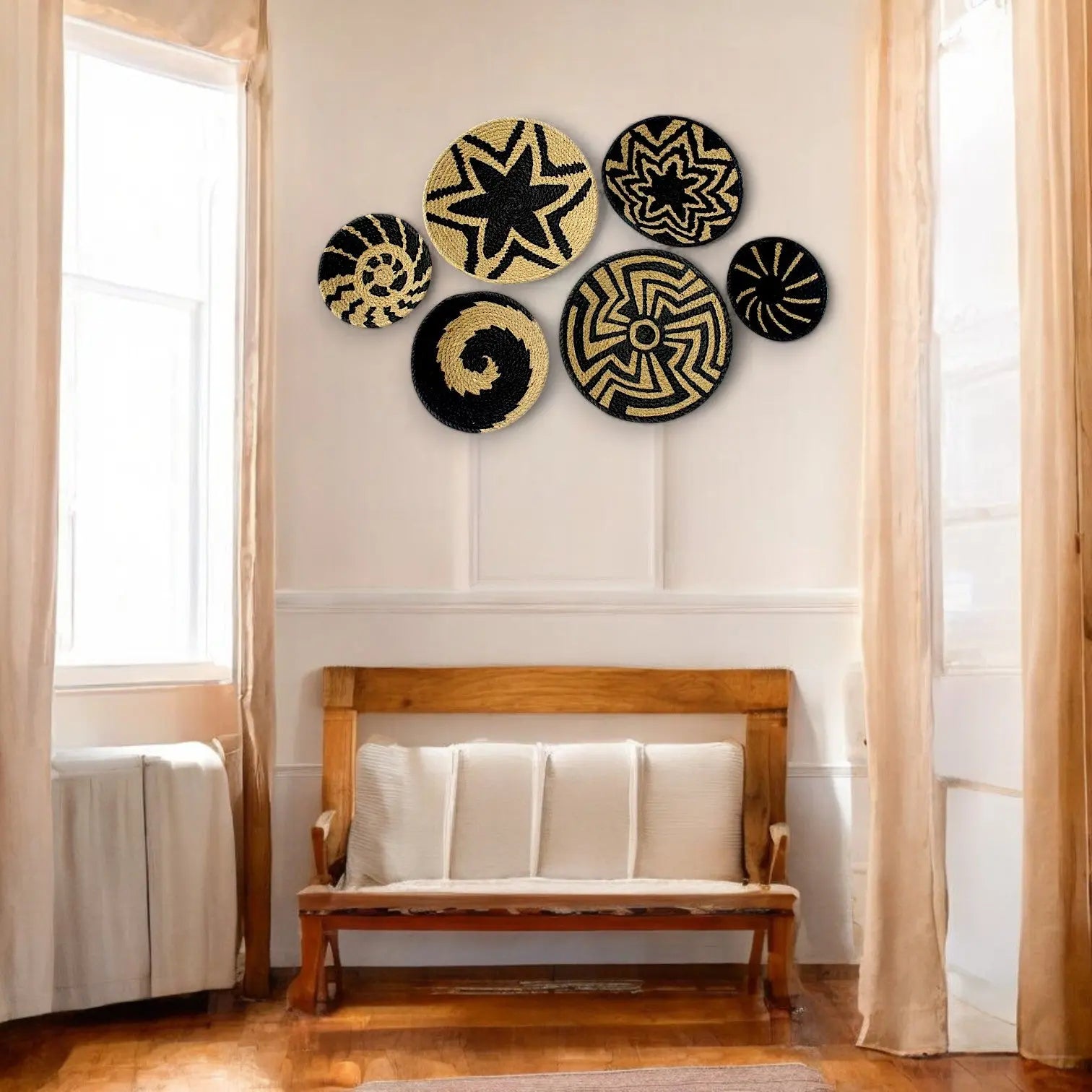 Jute woven basket wall decor Black Set of 6 - IvyandEarth