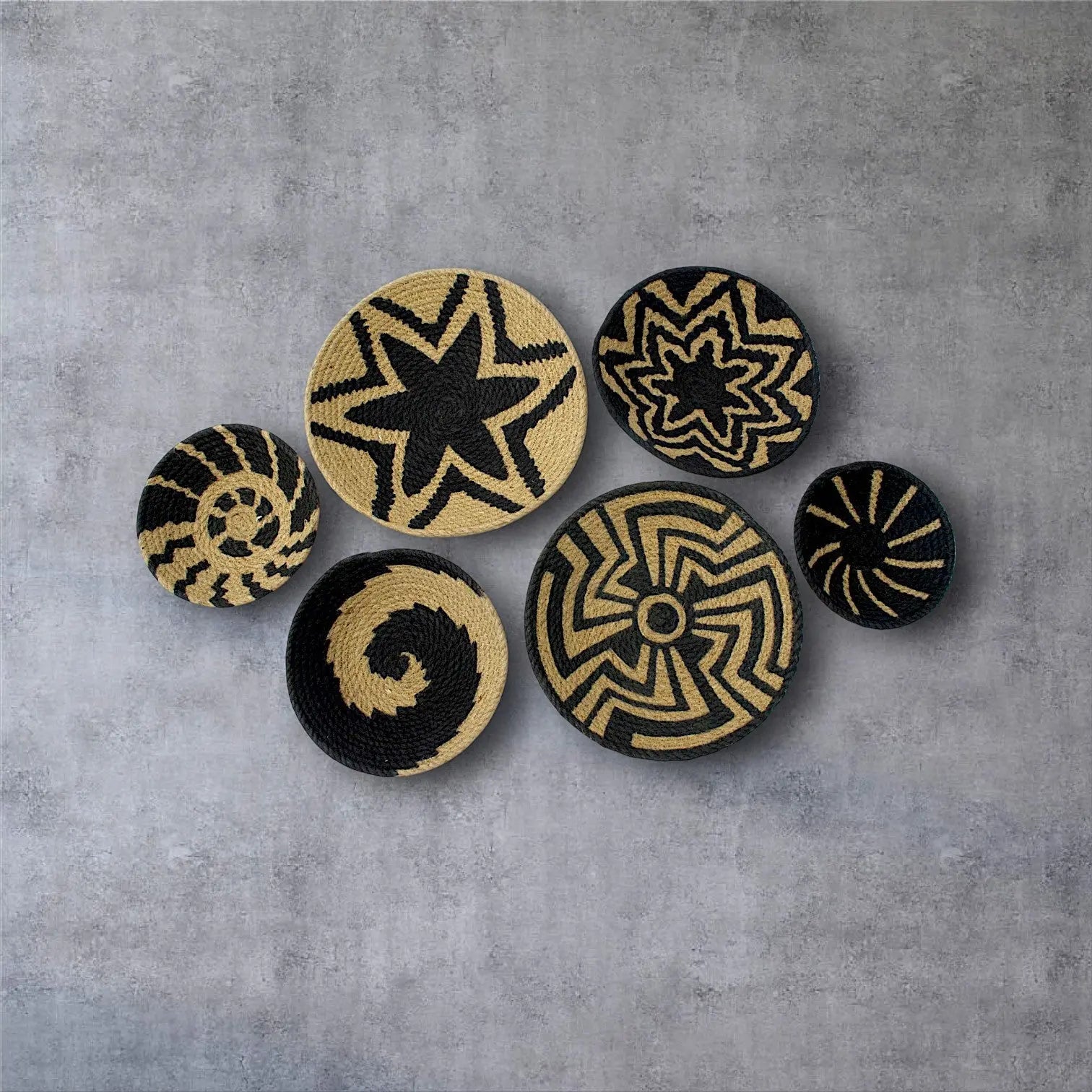 Jute woven basket wall decor Black Set of 6 - IvyandEarth