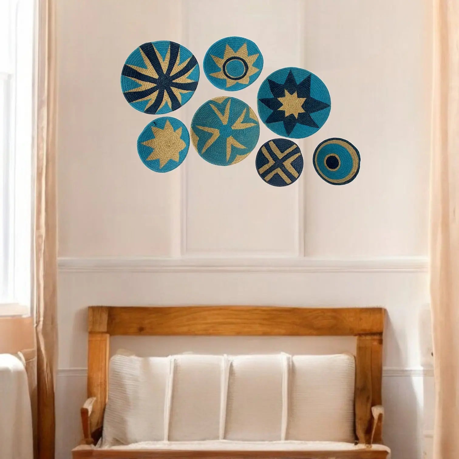 Jute woven basket wall decor Blue Set of 7 - IvyandEarth