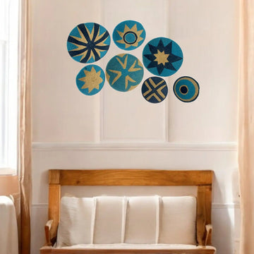 Jute woven basket wall decor Blue Set of 7 - IvyandEarth