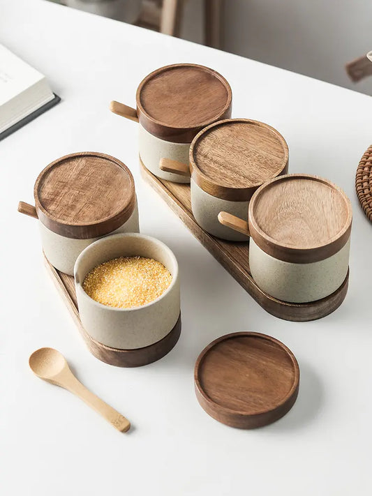 Modern Eco-friendly Ceramic Seasoning Pots with Acacia Wood Tray and Cover 2 Pcs.