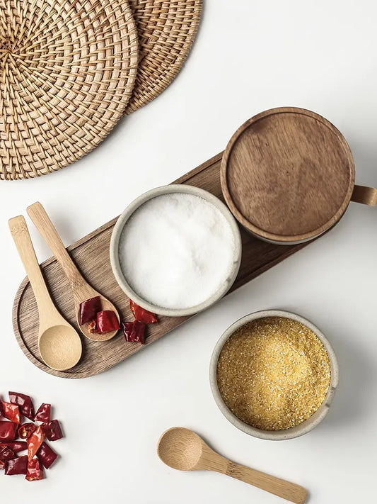 Modern Eco-friendly Ceramic Seasoning Pots with Acacia Wood Tray and Cover 2 Pcs.