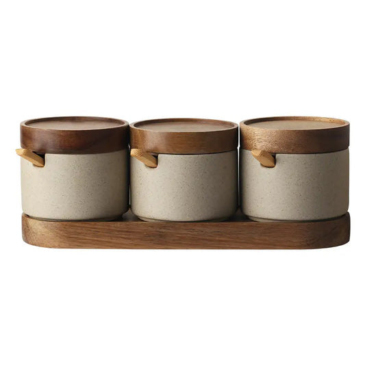 Modern Eco-friendly Ceramic Seasoning  Pots with Acacia Wood Tray and Cover 3Pcs.