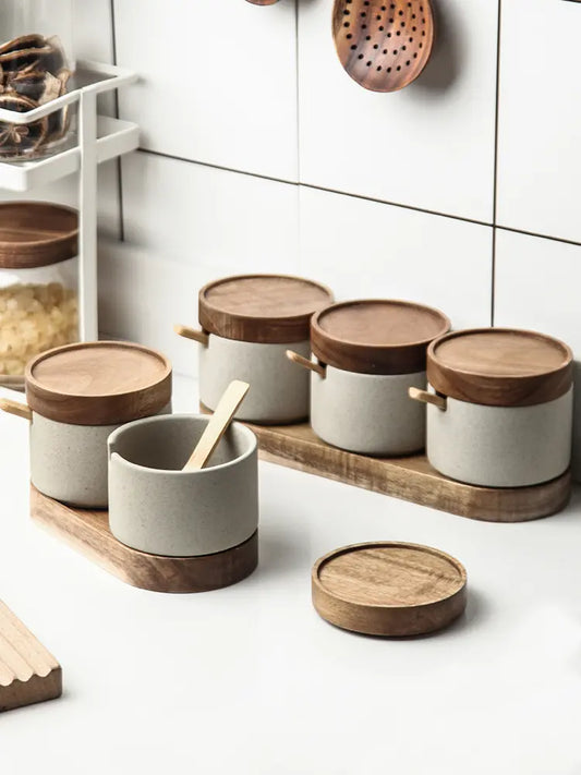 Modern Eco-friendly Ceramic Seasoning  Pots with Acacia Wood Tray and Cover 3Pcs.