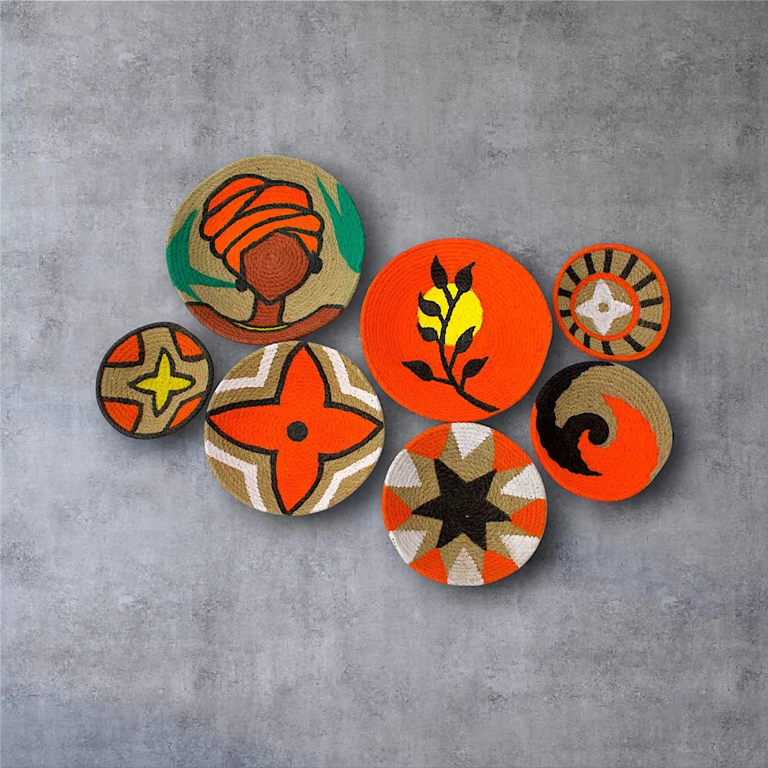 Jute woven basket wall decor Orange and Black Set of 7 - IvyandEarth