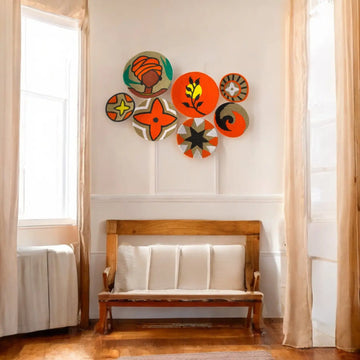 Jute woven basket wall decor Orange and Black Set of 7 - IvyandEarth